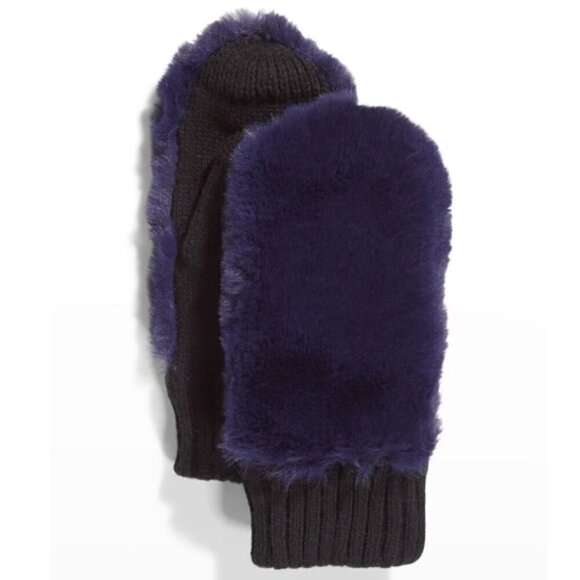 Surell Accessories - Surell Accessories Faux Fur/Knit Mittens, Navy Blue/Black